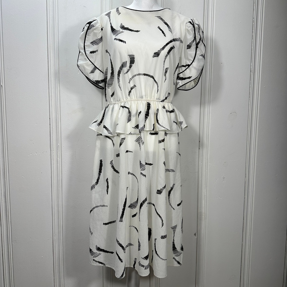 Vintage 80s Jone Baar New York White Black Abstract Peplum Midi Dress